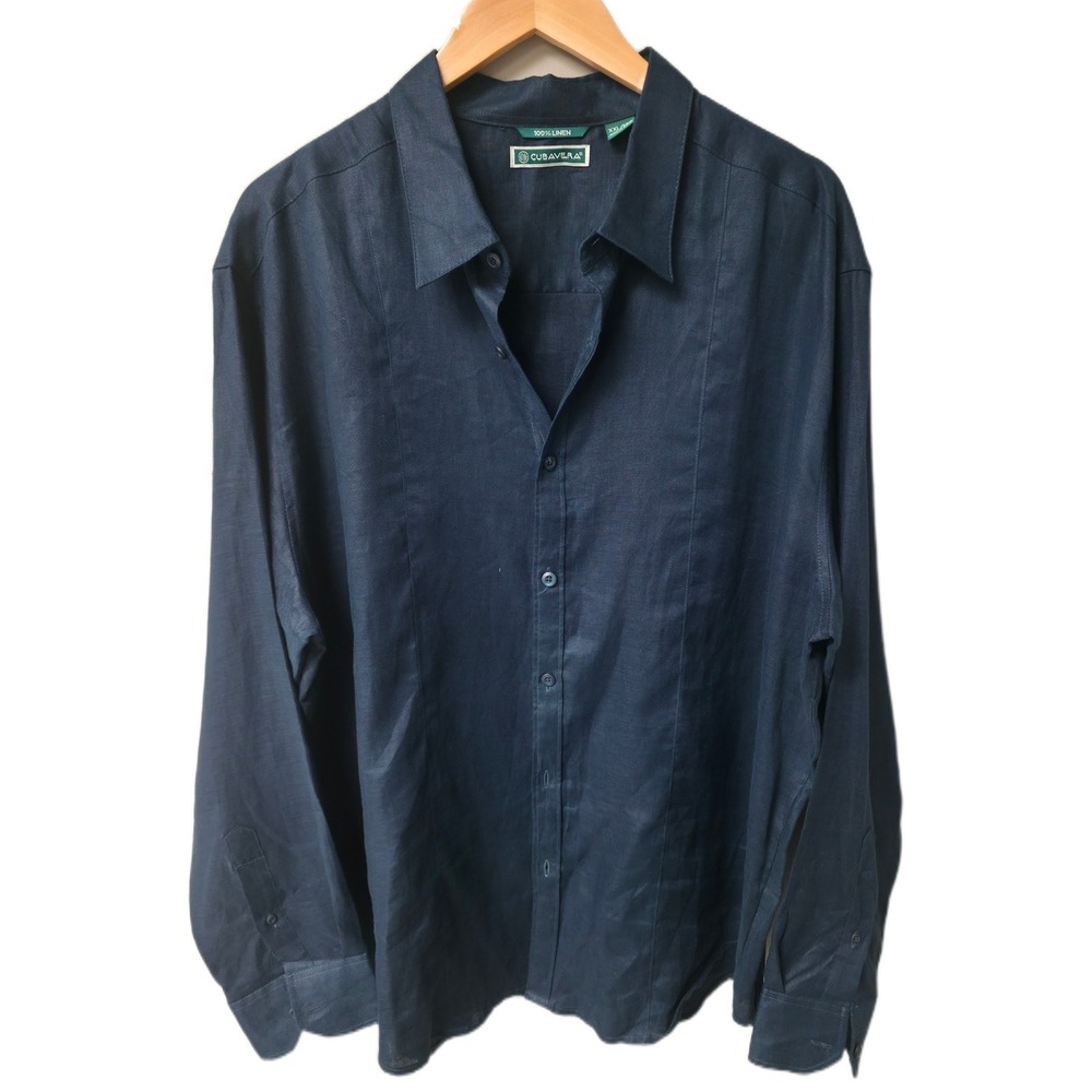 Cubavera Button Down Shirt Men XXL Navy Blue 100% Linen Long Sleeve Summer Beach